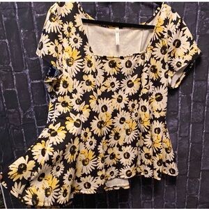 Lyss Loo Black Floral Square-Neck Peplum Top SUNFLOWERS sz 3X